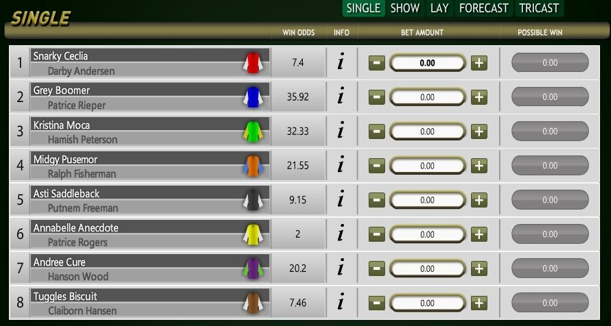 Virtual Racebook 3d single bet