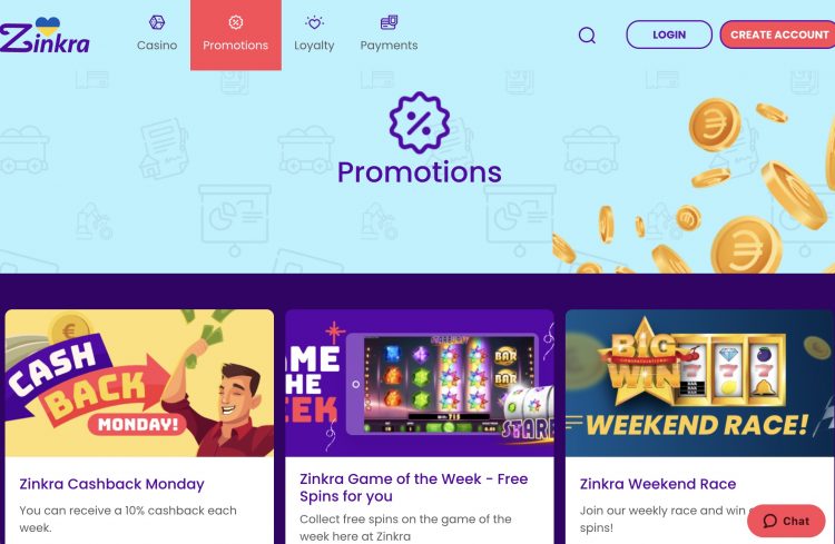Zinkra Casino Promoties