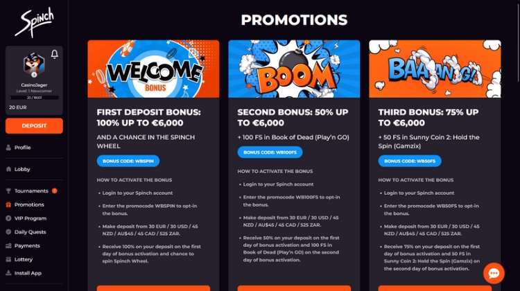 Spinch Casino Promoties en Bonussen