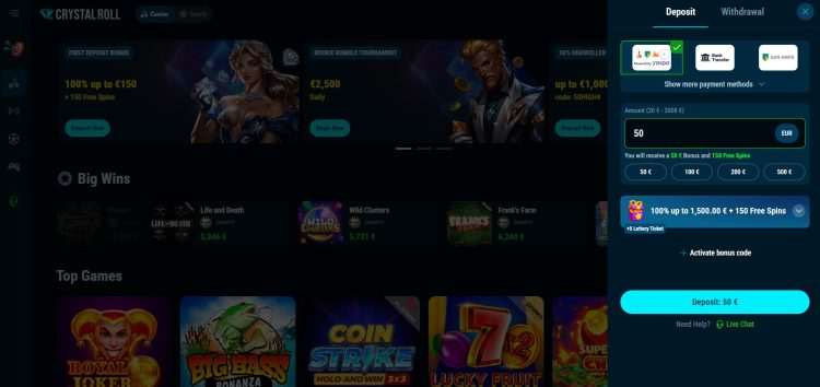 Crystal Roll Exclusieve welkomstbonus voor gebruikers van CasinoJager