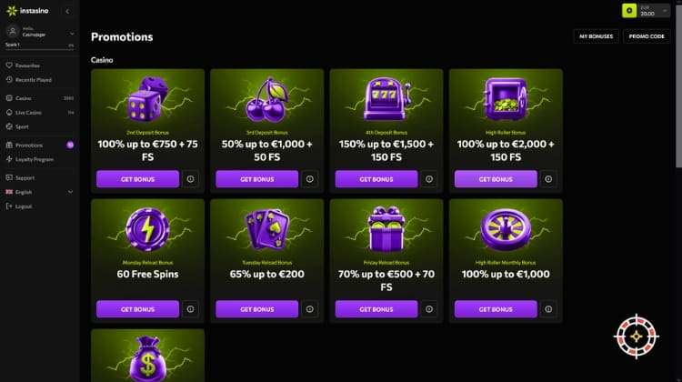 Instasino Promoties en Bonussen
